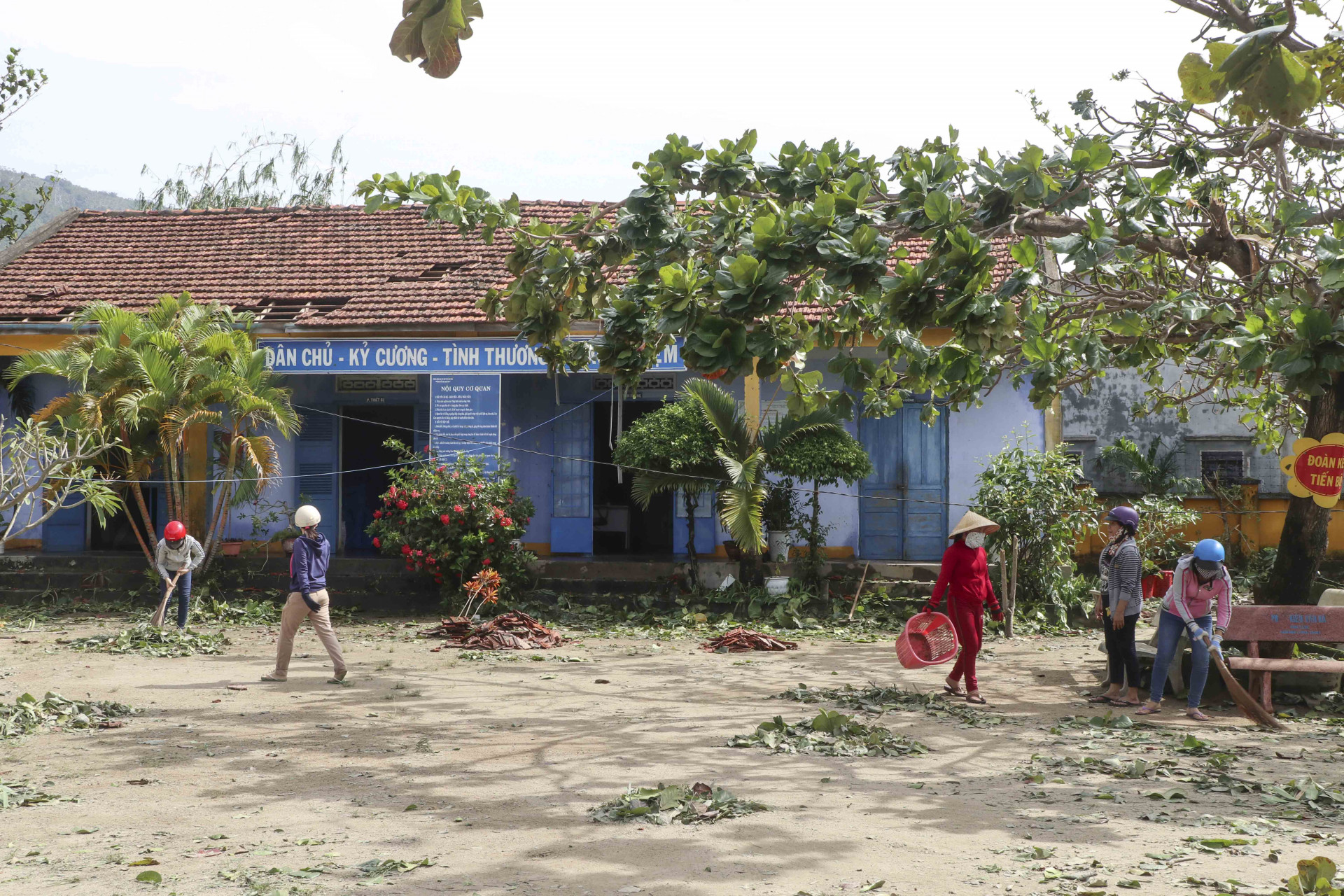 Các cô giáo trường Tiểu học Vạn Thọ dọn dẹp đống ngổn ngang sau bão