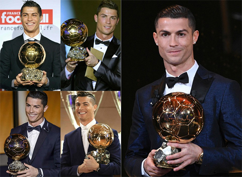 Từ trái sang phải, trên xuống dưới là bốn lần Ronaldo giành giải năm 2008, 2013, 2014, 2016 (ảnh nhỏ) và 2017 (ảnh lớn).
