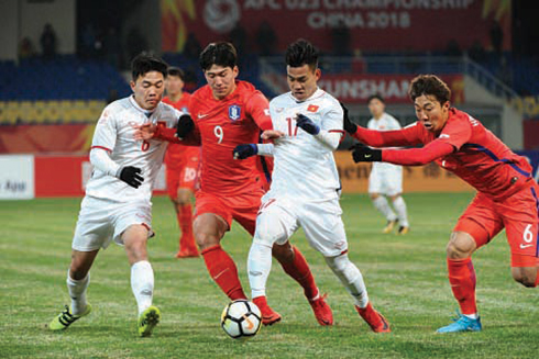 Các cầu thủ U23 Việt Nam trong trận đấu với U23 Hàn Quốc (nguồn bongda24h).