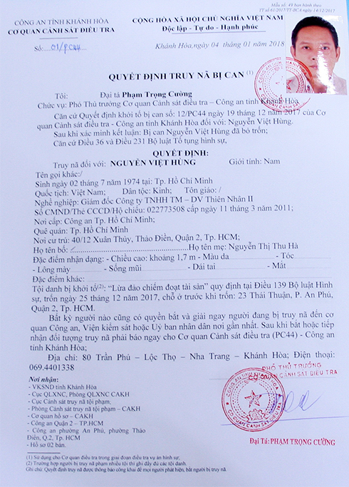 Cơ quan Cảnh sát điều tra Công an tỉnh phát lệnh truy nã ông Nguyễn Việt Hùng.
