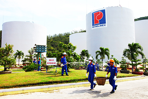 Công nhân Công ty Xăng dầu Phú Khánh tham gia chăm sóc cây xanh, dọn vệ sinh môi trường tại nơi làm việc.