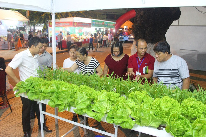 Người dân tham quan gian hàng trình diễn mô hình trồng rau thủy canh của một cơ sở ở xã Vĩnh Thạnh, Nha Trang.