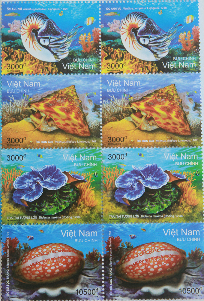 Hình ảnh bộ tem  "Biển, đảo Việt Nam (bộ 1): Sinh vật biển " với 4 mẫu tem đặc sắc. 