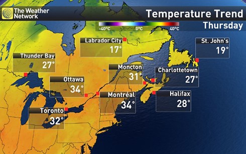 Nắng nóng bất thường ở Canada theo dự báo thời tiết ngày 5/7. (Ảnh: The Weather Network)