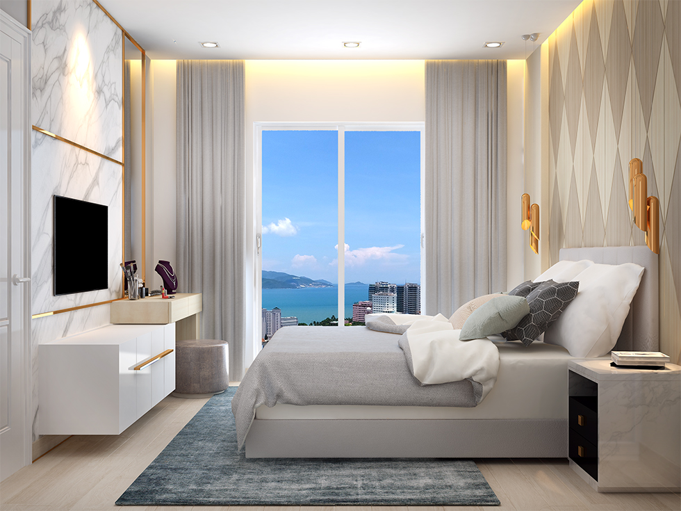 Phòng ngủ được thiết kế với các mặt thoáng và hệ thống cửa kính, cửa sổ, đón nắng và đón gió tự nhiên.