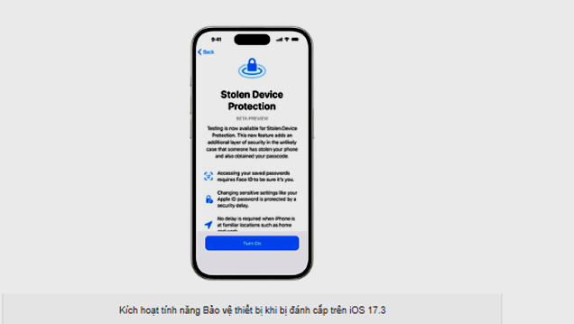 Kích hoạt tính năng Bảo vệ thiết bị khi bị đánh cắp trên iOS 17.3