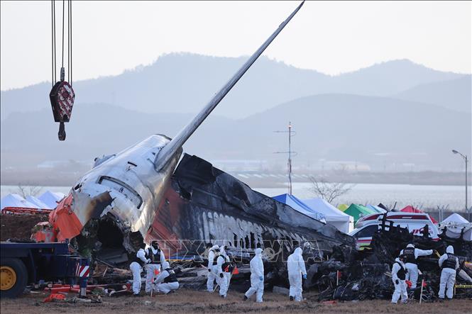 Hiện trường vụ tai nạn máy bay của hãng hàng không Jeju Air tại Muan, Hàn Quốc, ngày 31/12/2024. Ảnh: Yonhap/TTXVN
