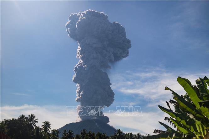 Cột tro bụi phun lên từ miệng núi lửa Ibu ở tỉnh Bắc Maluku, Indonesia, ngày 13/5/2024. Ảnh: AFP/TTXVN
