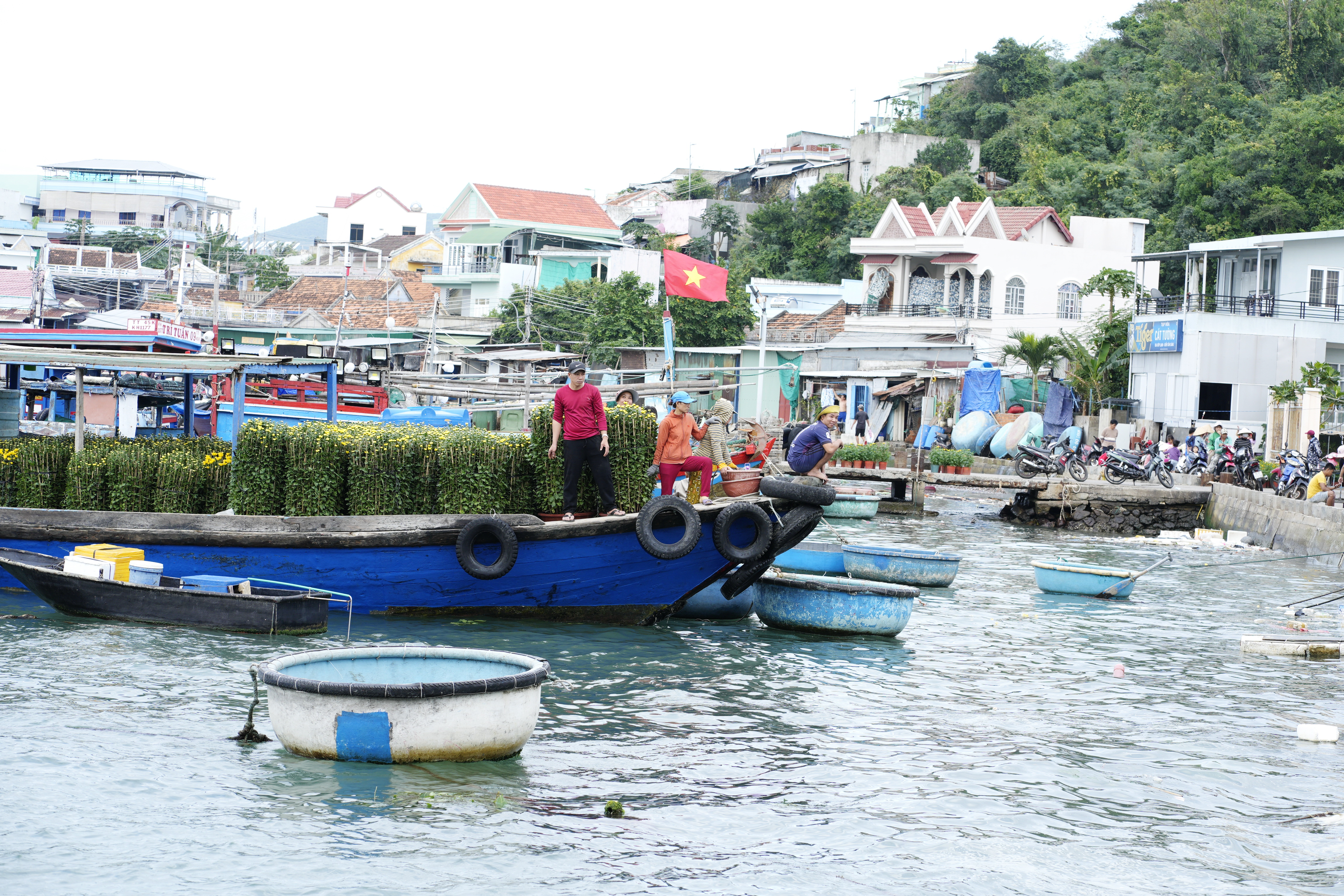 Chuyến tàu chở hoa đang vào cảng đảo Trí Nguyên.