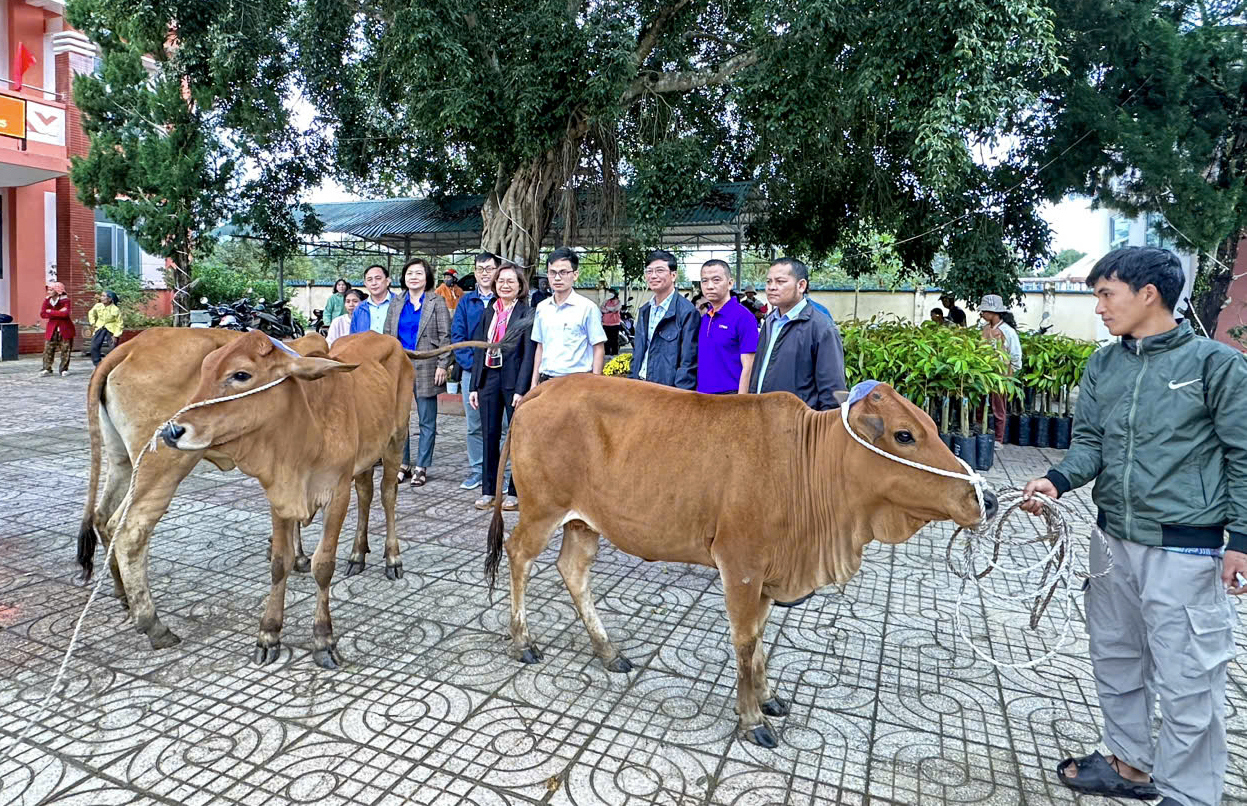 Đại diện các đơn vị trong nhóm giúp đỡ trao tặng bò cái sinh sản tạo sinh kế cho hộ nghèo không có đất sản xuất