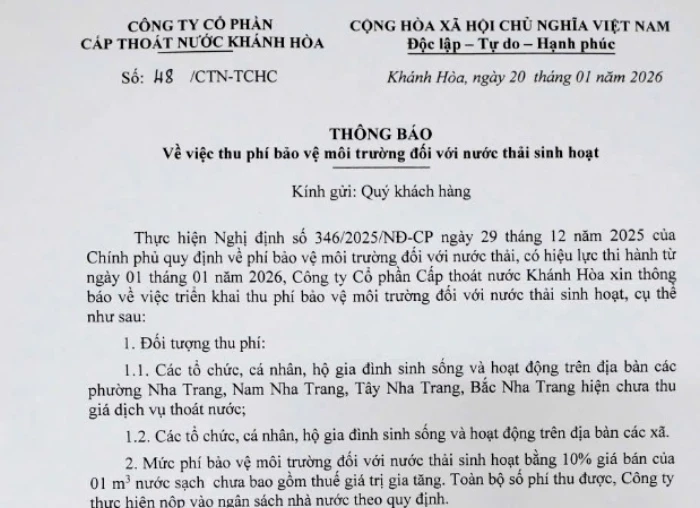 Công ty Cổ phần Cấp thoát nước Khánh Hòa triển khai thu phí bảo vệ môi trường đối với nước thải sinh hoạt