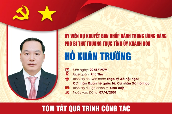 [Infographic] Tóm tắt quá trình công tác của đồng chí Hồ Xuân Trường - Ủy viên dự khuyết Ban Chấp hành Trung ương Đảng khóa XIV, Phó Bí thư Thường trực Tỉnh ủy Khánh Hòa
