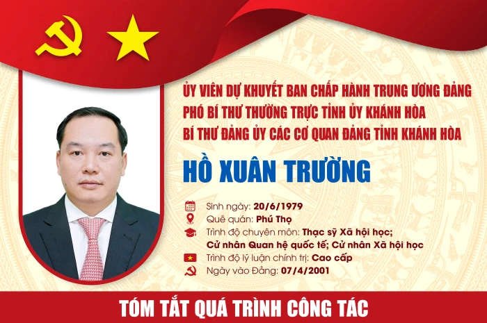 [Infographic] Tóm tắt quá trình công tác của đồng chí Hồ Xuân Trường - Ủy viên dự khuyết Ban Chấp hành Trung ương Đảng khóa XIV, Phó Bí thư Thường trực Tỉnh ủy, Bí thư Đảng ủy Các cơ quan Đảng tỉnh Khánh Hòa