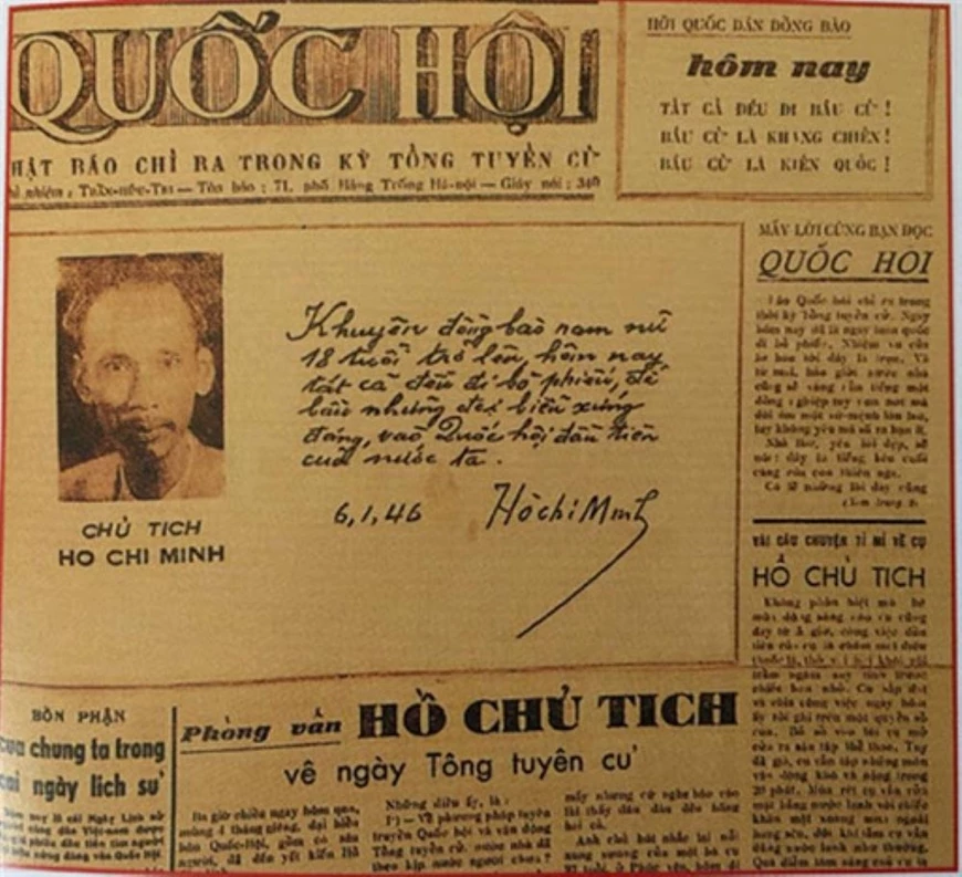 Báo Quốc hội, số đặc biệt ngày 6-1-1946 đã trân trọng in ở trang đầu ảnh Chủ tịch Hồ Chí Minh và cả bút tích lời kêu gọi của Người. Ảnh tư liệu