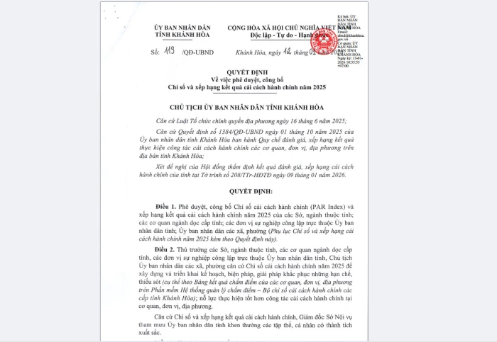 Toàn tỉnh có 54 đơn vị xếp loại tốt về cải cách hành chính năm 2025