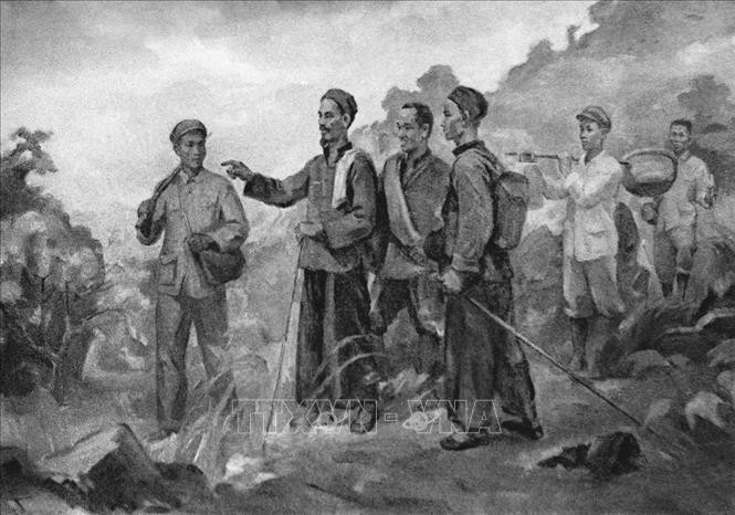 Ngày 28/1/1941, lãnh tụ Nguyễn Ái Quốc và các đồng chí Lê Quảng Ba, Phùng Chí Kiên, Thế An, Đặng Văn Cáp, Hoàng Văn Lộc vượt qua mốc 108 biên giới Việt Nam-Trung Quốc về đến Pác Bó (xã Trường Hà, Hà Quảng, Cao Bằng cũ), một nơi “bí mật” có “hàng rào quần chúng bảo vệ và có đường rút lui”. (Ảnh: TTXVN)