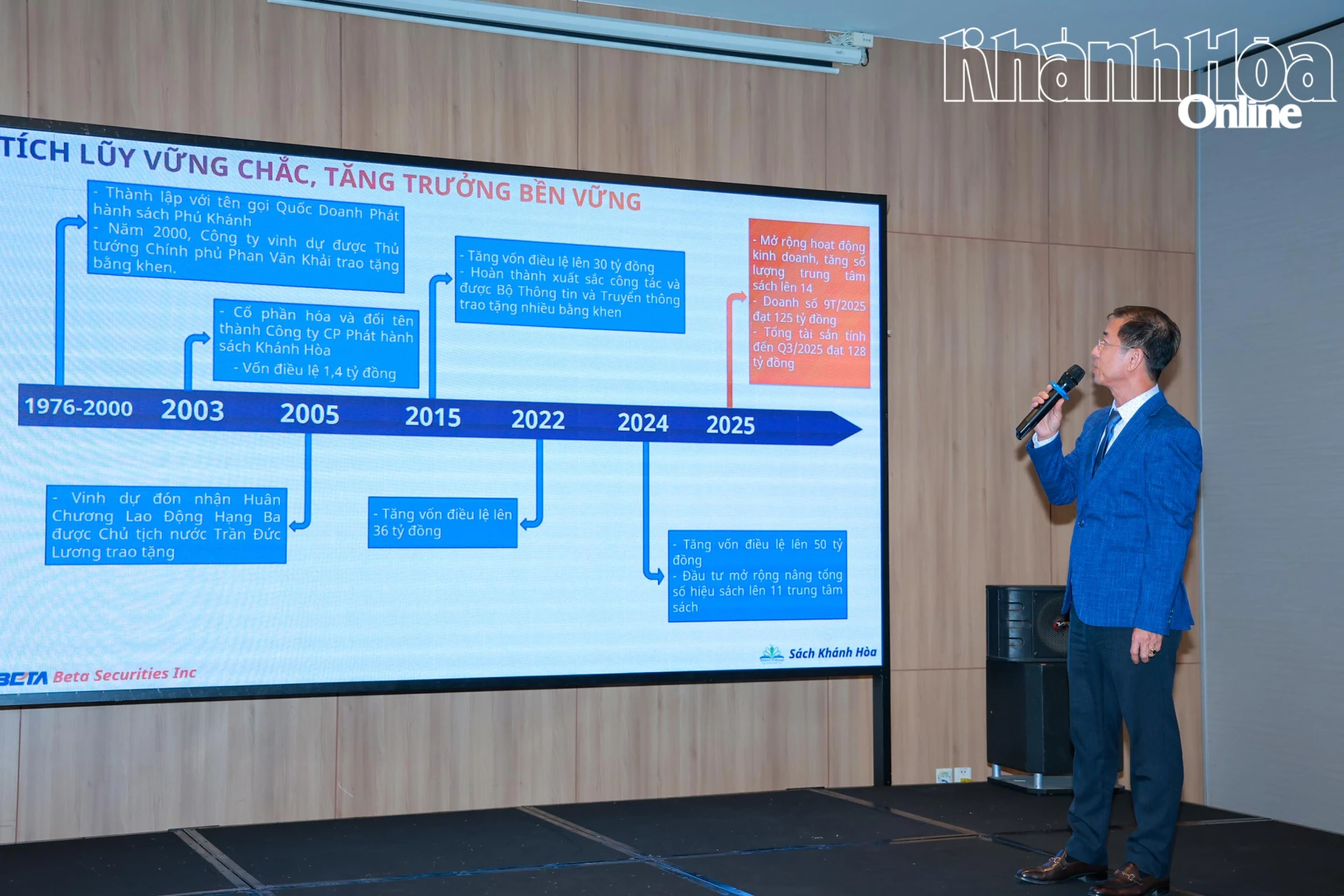 Ông Đỗ Cử Nhân – Giám đốc Công ty cổ phần phát hành sách Khánh Hòa giới thiệu về hoạt động kinh doanh của công ty.