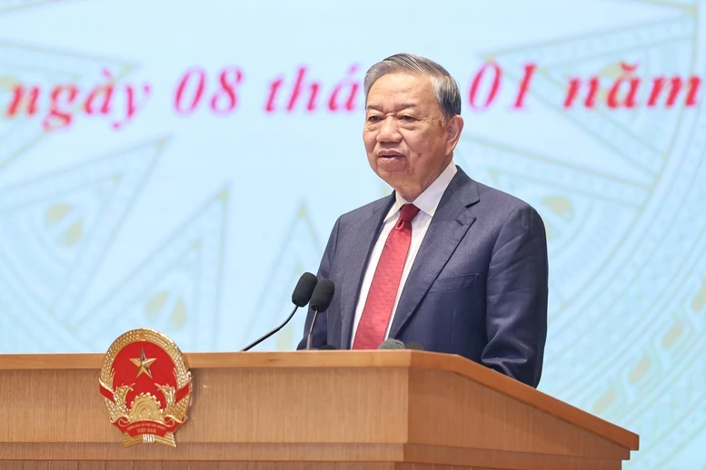 Tổng Bí thư Tô Lâm phát biểu ý kiến chỉ đạo tại Hội nghị tổng kết công tác năm 2025, triển khai công tác năm 2026 của Chính phủ và chính quyền địa phương. Ảnh: baochinhphu.vn