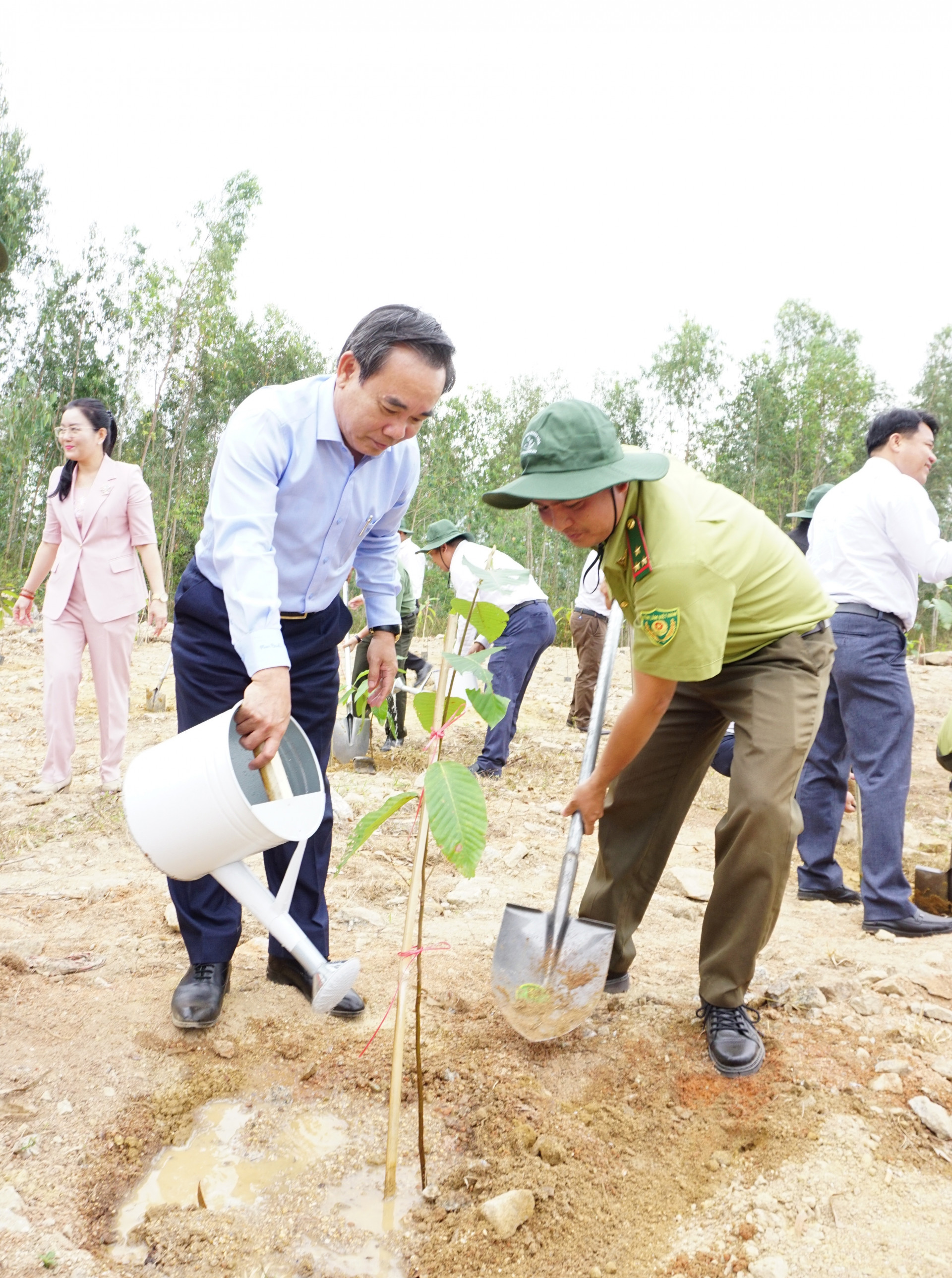 Ông Lê Hữu Trí - Phó trưởng đoàn chuyên trách Đoàn Đại biểu Quốc hội tỉnh tưới nước cho cây xanh