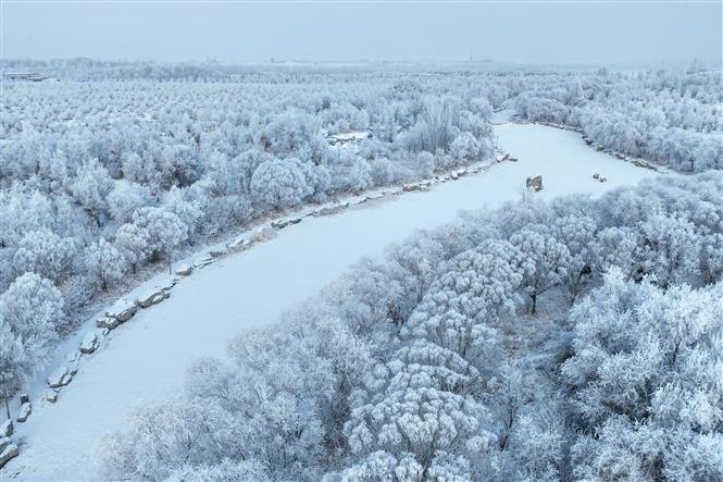 Tuyết phủ trắng xóa tại tỉnh Cam Túc, Tây Bắc Trung Quốc, ngày 4/2/2024. Ảnh: AFP/TTXVN

