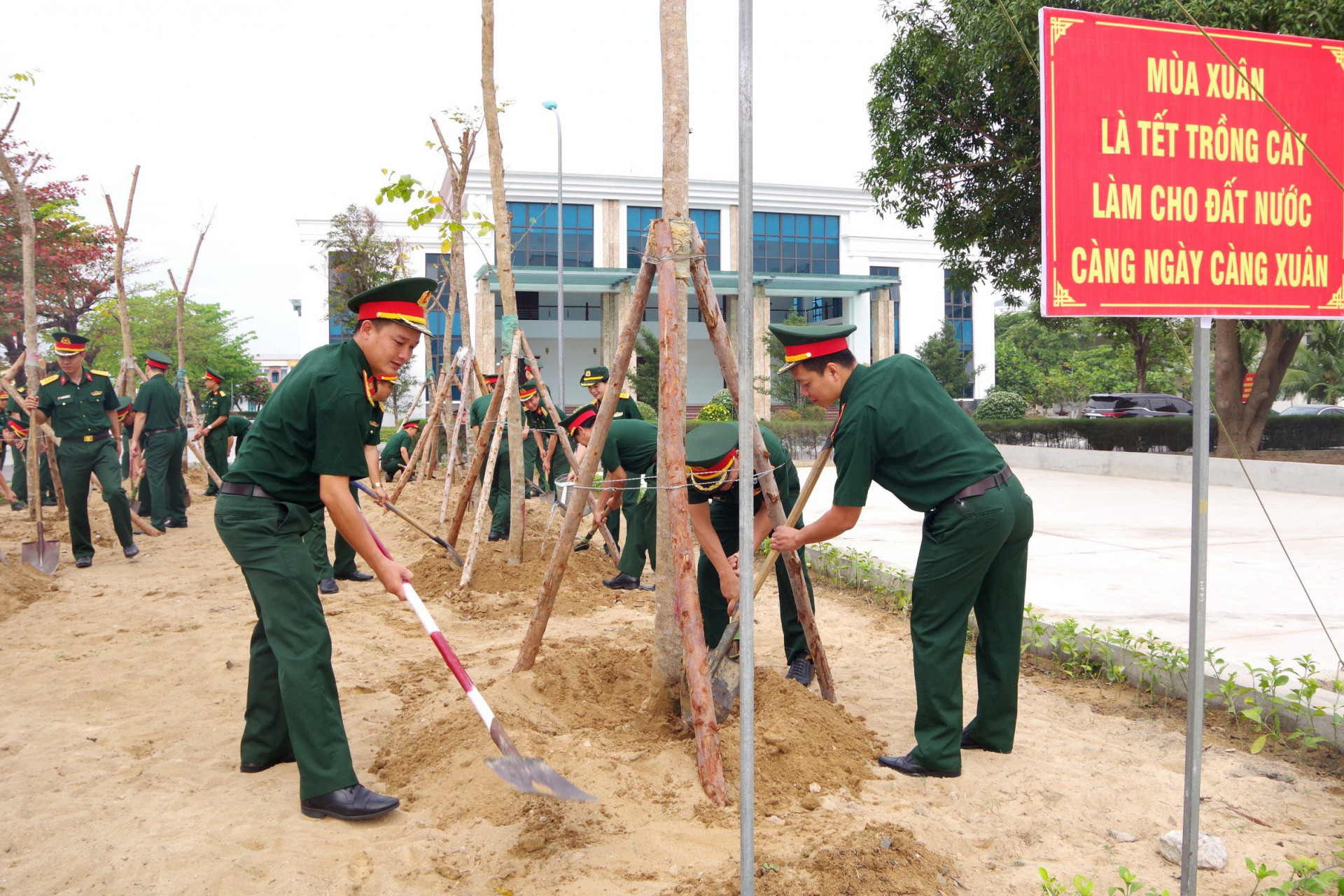 Cán bộ, giảng viên nhà trường tham gia trồng cây.