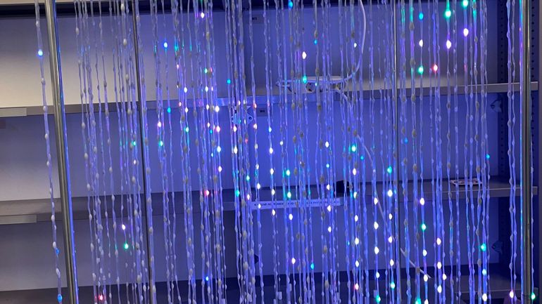 
Mô hình cảm biến kính viễn vọng dưới nước. Các điểm sáng chỉ ra sự đi qua của một neutrino. 