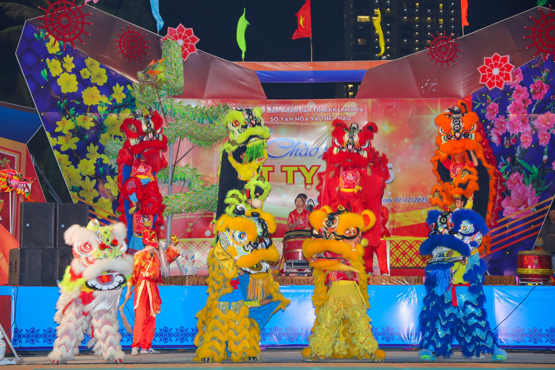 A unicorn-lion-dragon dance performance 

