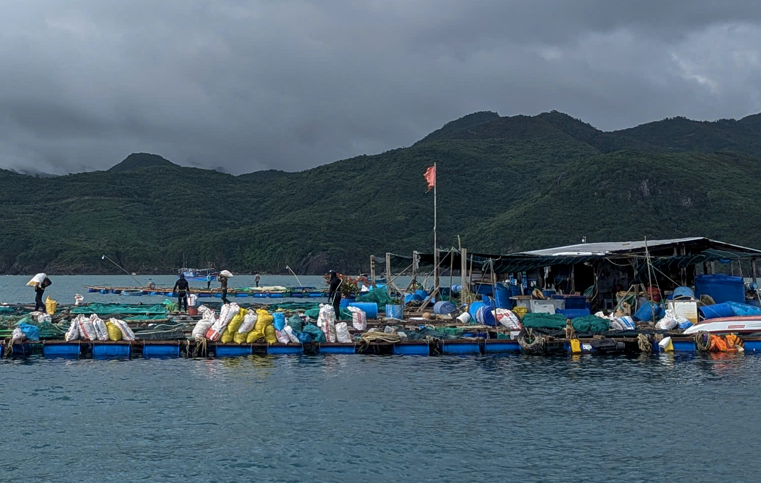Hộ nuôi trồng thủy sản phường Vĩnh Nguyên thu gom rác đưa về bờ xử lý theo quy định.
