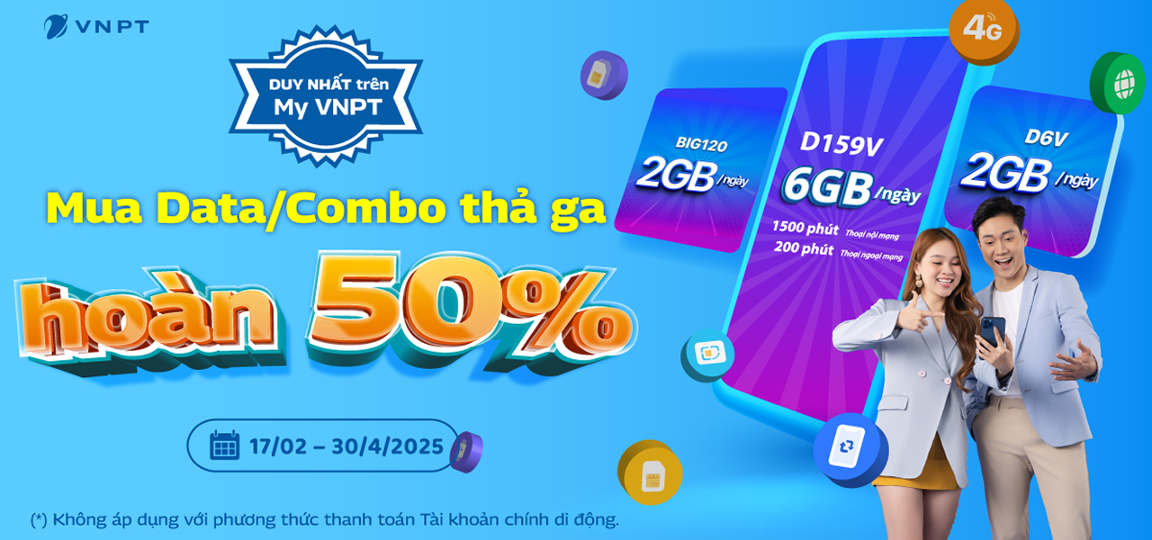 Hoàn 50% giá khi mua gói cước di động trên My VNPT