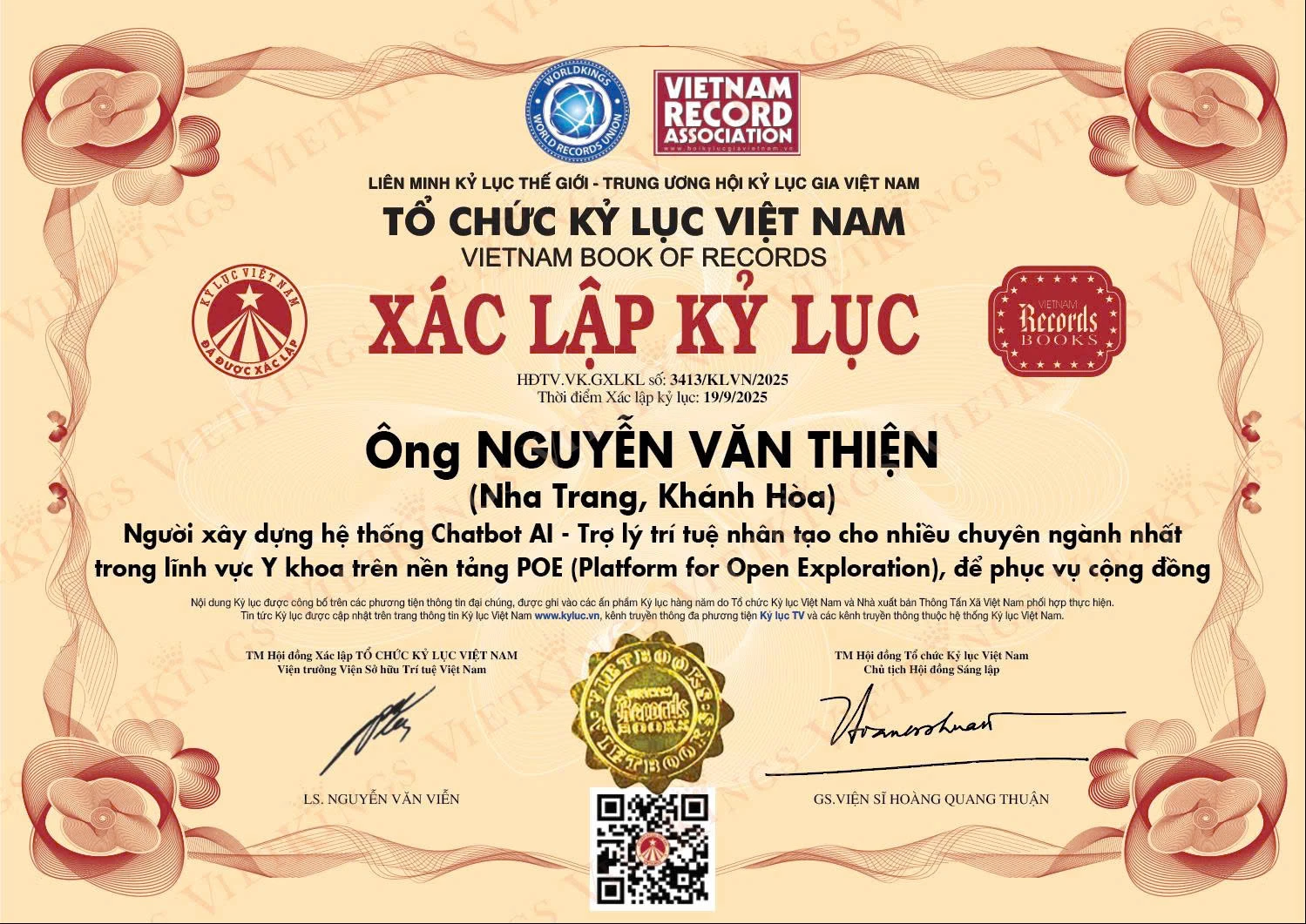 Bằng xác lập kỷ lục Việt Nam cho hệ thống Chatbot AI lĩnh vực y khoa.