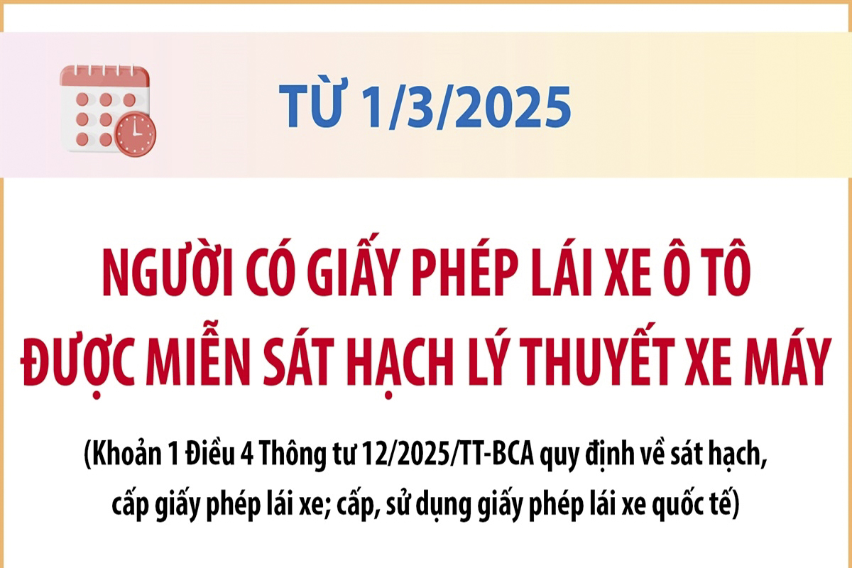 Từ 1/3/2025: Người có giấy phép lái xe ô tô được miễn sát hạch lý thuyết xe máy