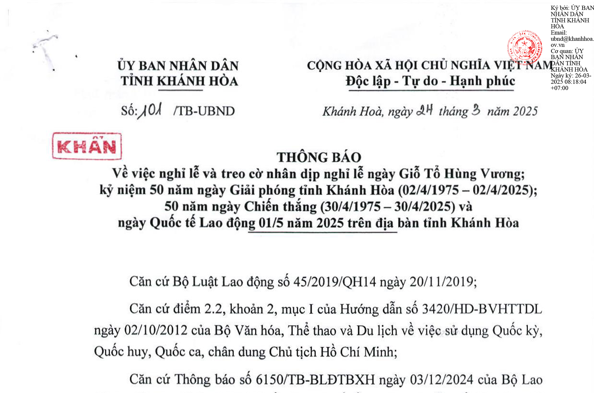Thông báo nghỉ lễ và treo cờ nhân dịp nghỉ lễ ngày Giỗ Tổ Hùng Vương; kỷ niệm 50 năm ngày Giải phóng tỉnh Khánh Hòa; 50 năm ngày Chiến thắng và ngày Quốc tế Lao động 1-5