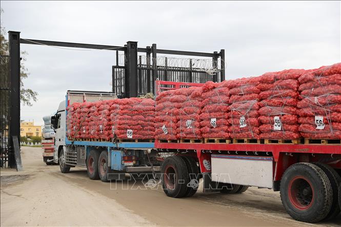 Xe chở hàng viện trợ nhân đạo từ Ai Cập vào Dải Gaza qua cửa khẩu Rafah, ngày 24/2/2025. Ảnh: THX/TTXVN