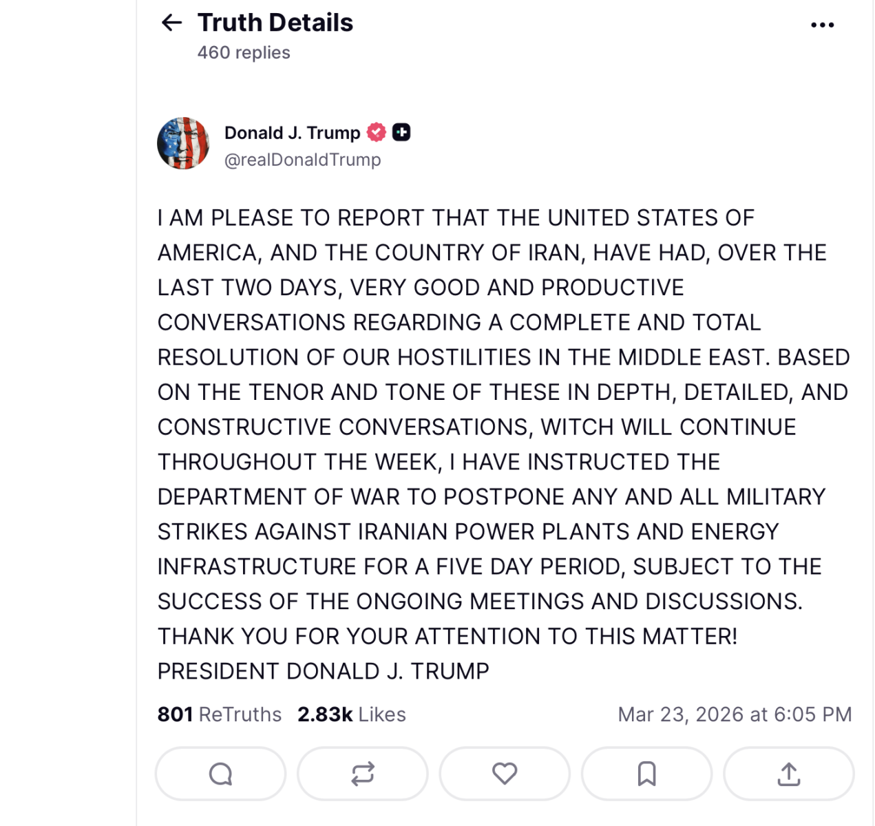 Bài đăng thông báo tạm hoãn tấn công cơ sở năng lượng Iran của Tổng thống Trump. Ảnh chụp màn hình.