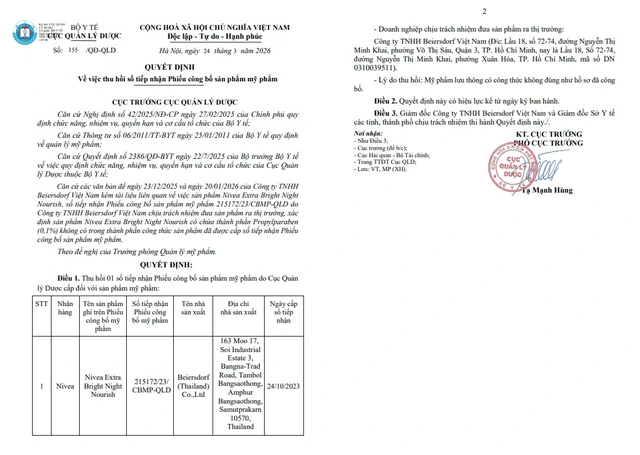 Quyết định thu hồi phiếu công bố mỹ phẩm Nivea Extra Bright Night Nourish.