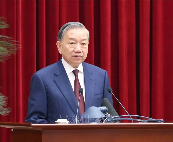 Tổng Bí thư Tô Lâm phát biểu bế mạc Hội nghị lần thứ hai Ban Chấp hành Trung ương Đảng khóa XIV. Ảnh: THỐNG NHẤT/TTXVN