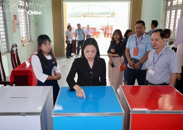 Phó Chủ tịch Thường trực Ủy ban MTTQ Việt Nam tỉnh Trần Thu Mai kiểm tra công tác chuẩn bị bầu cử tại xã Trung Khánh Vĩnh