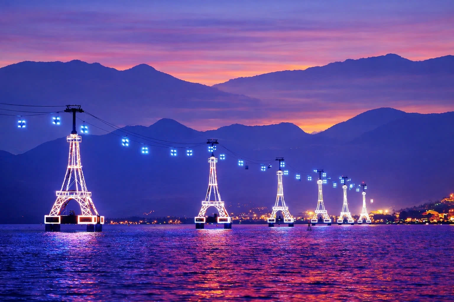 Cáp treo Vinpearl thắp sáng vịnh Nha Trang về đêm