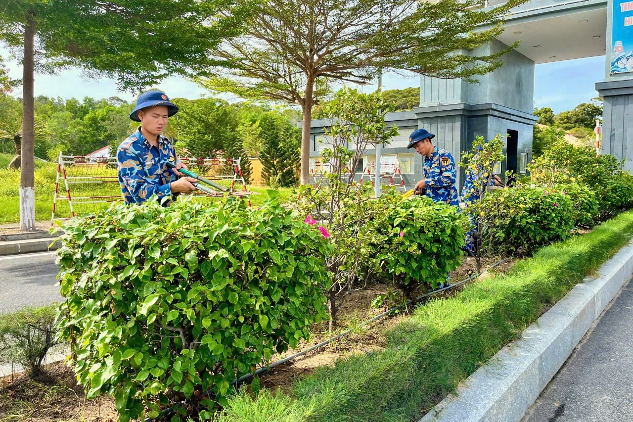 Các đoàn viên, thanh niên cắt tỉa cây xanh.