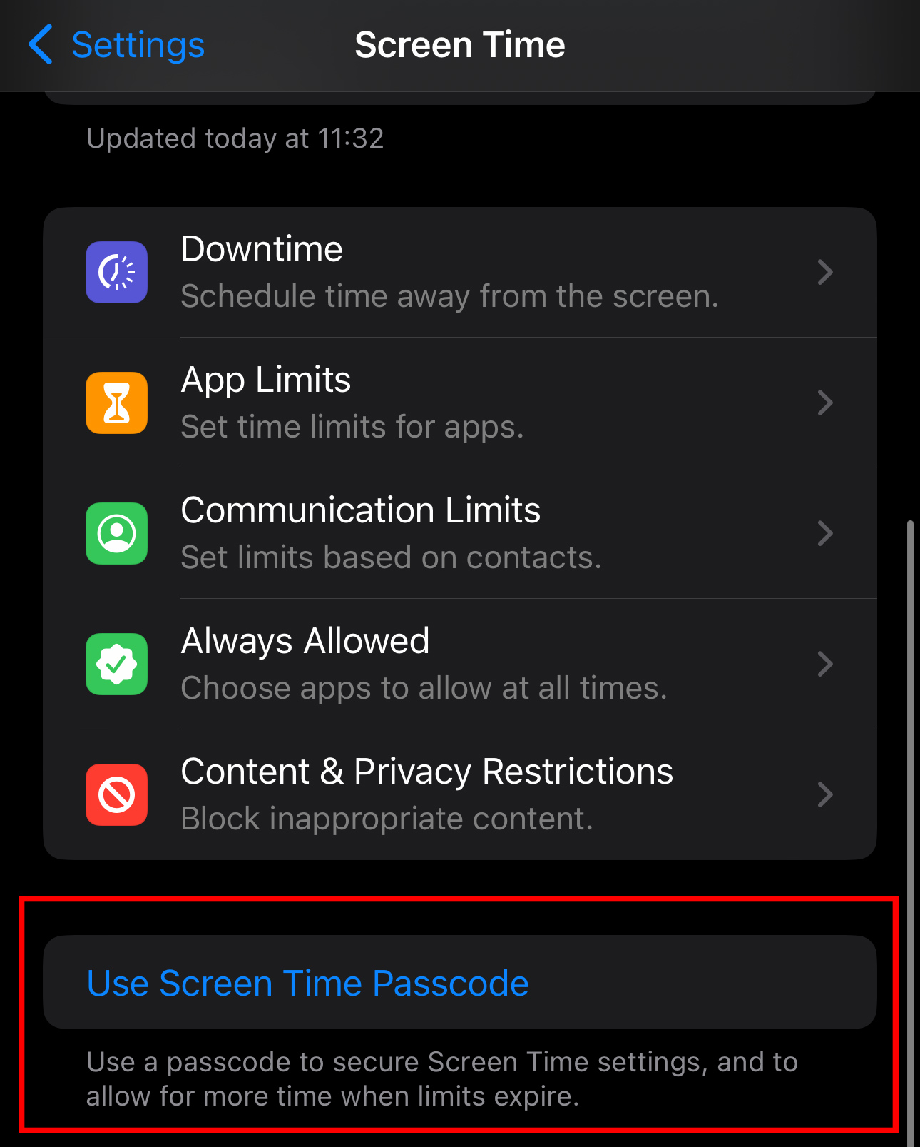 Tùy chọn kích hoạt Screen Time Passcode.