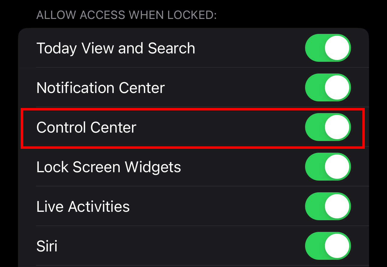 Ô tùy chọn tắt Control Center ở màn hình khóa.