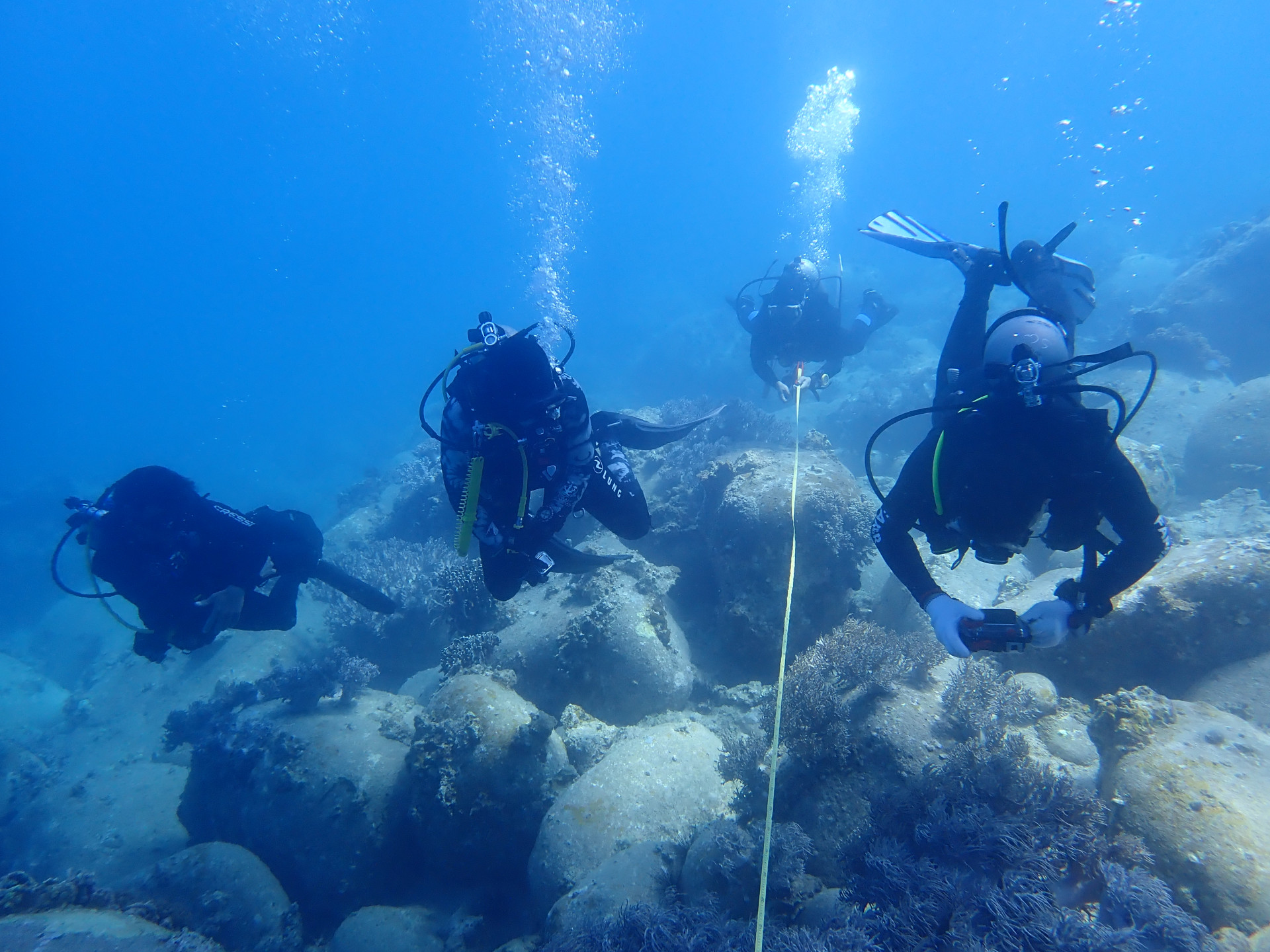 Các nhà khoa học khảo sát, nghiên cứu san hô ở vịnh Nha Trang. Ảnh: ĐẶNG VĂN LONG