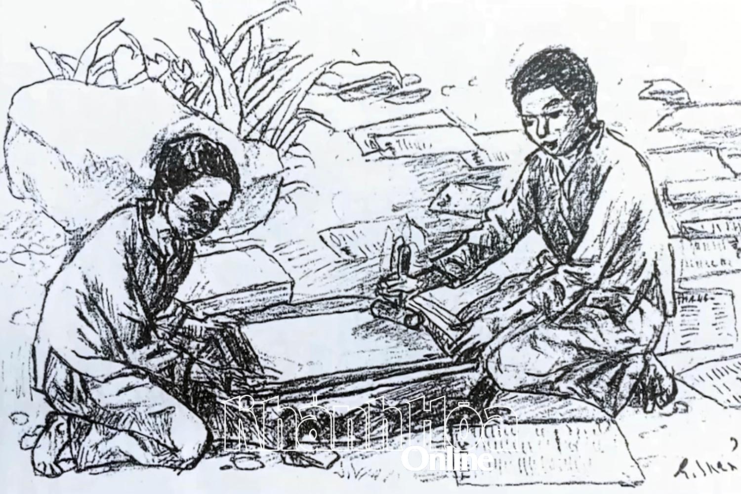 Ảnh vẽ thời kỳ làm báo Thắng ở chiến khu Hòn Dữ.