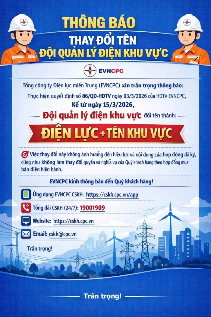 Công ty Điện lực Khánh Hòa thông báo về việc đổi tên các đội quản lý điện khu vực
