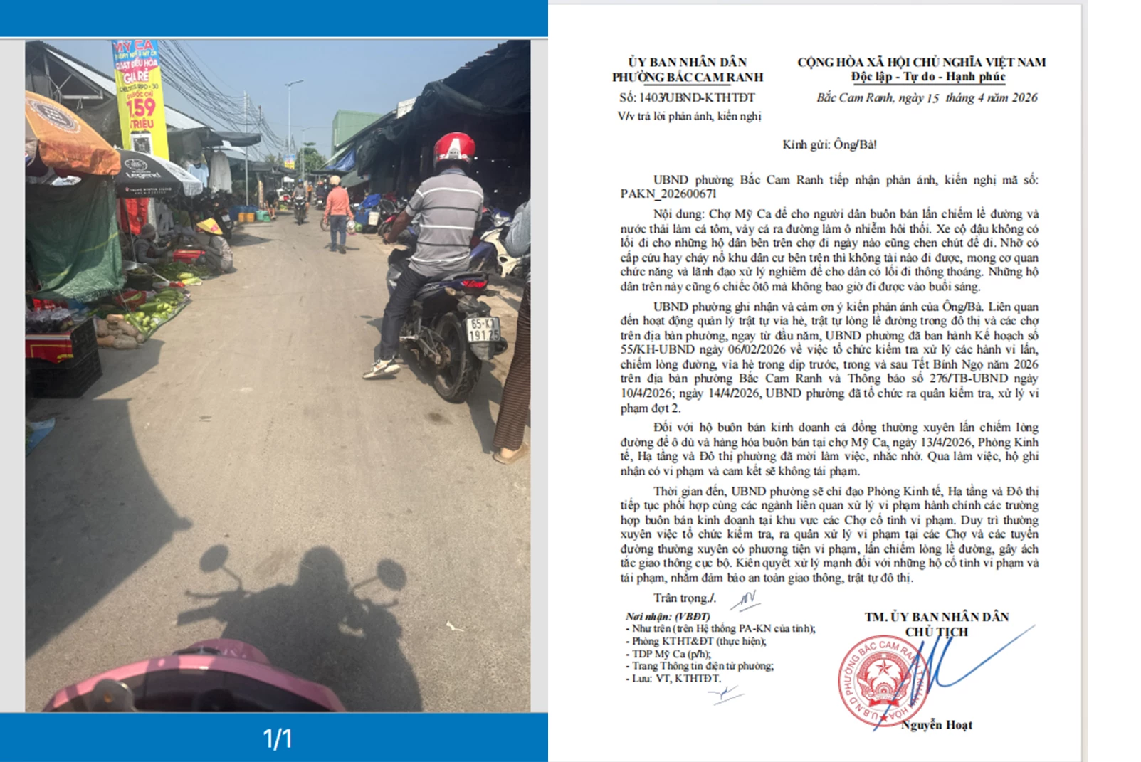 Một phản ánh được cơ quan chức năng trả lời nhanh chóng nhận được đánh giá tích cực.