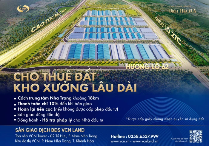 Cho thuê đất kho xưởng lâu dài tại Cụm Công nghiệp Diên Thọ VCN