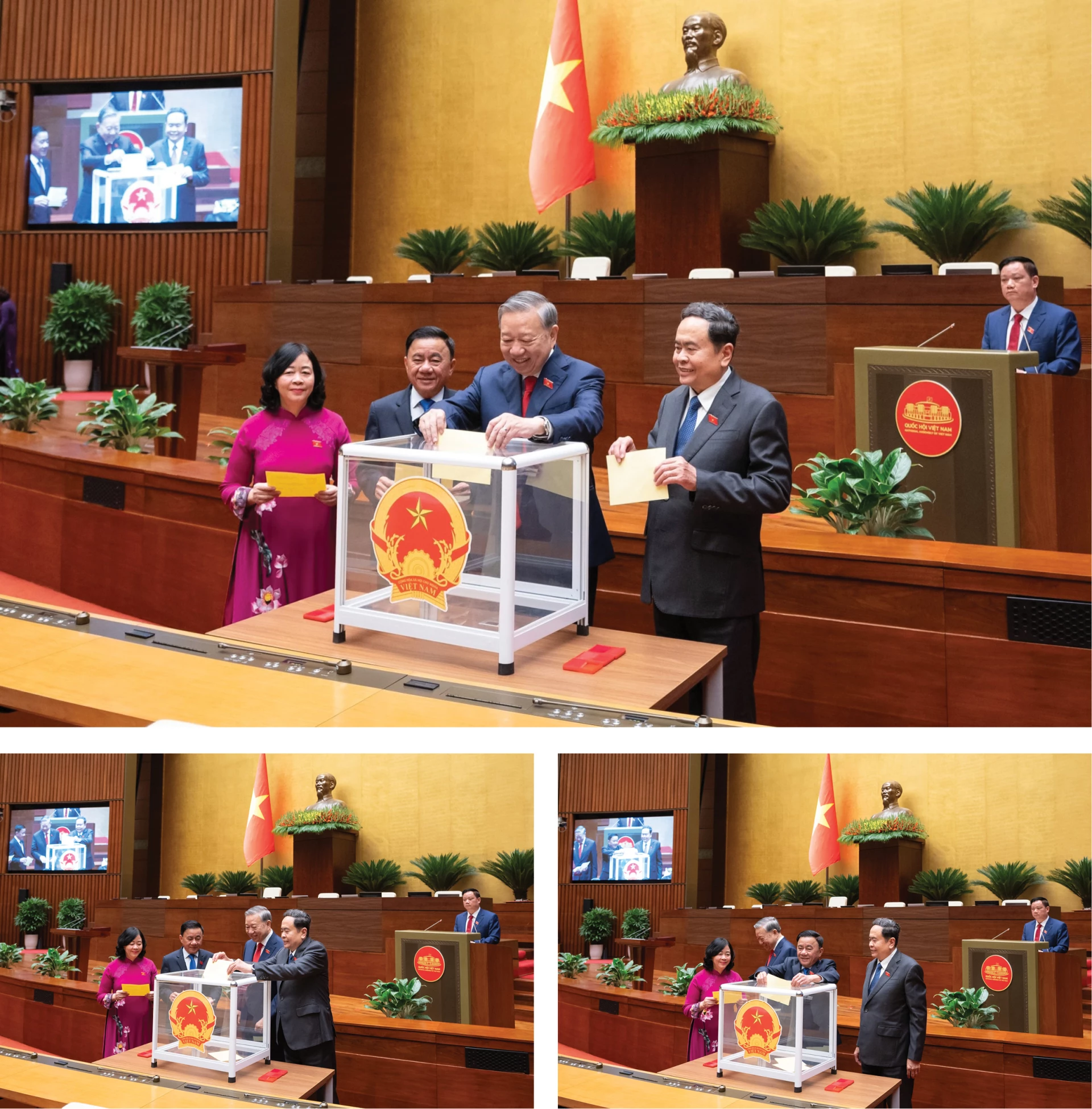 Tổng Bí thư Tô Lâm; Chủ tịch Quốc hội Trần Thanh Mẫn và Thường trực Ban Bí thư Trần Cẩm Tú bỏ phiếu bầu Chủ tịch nước.