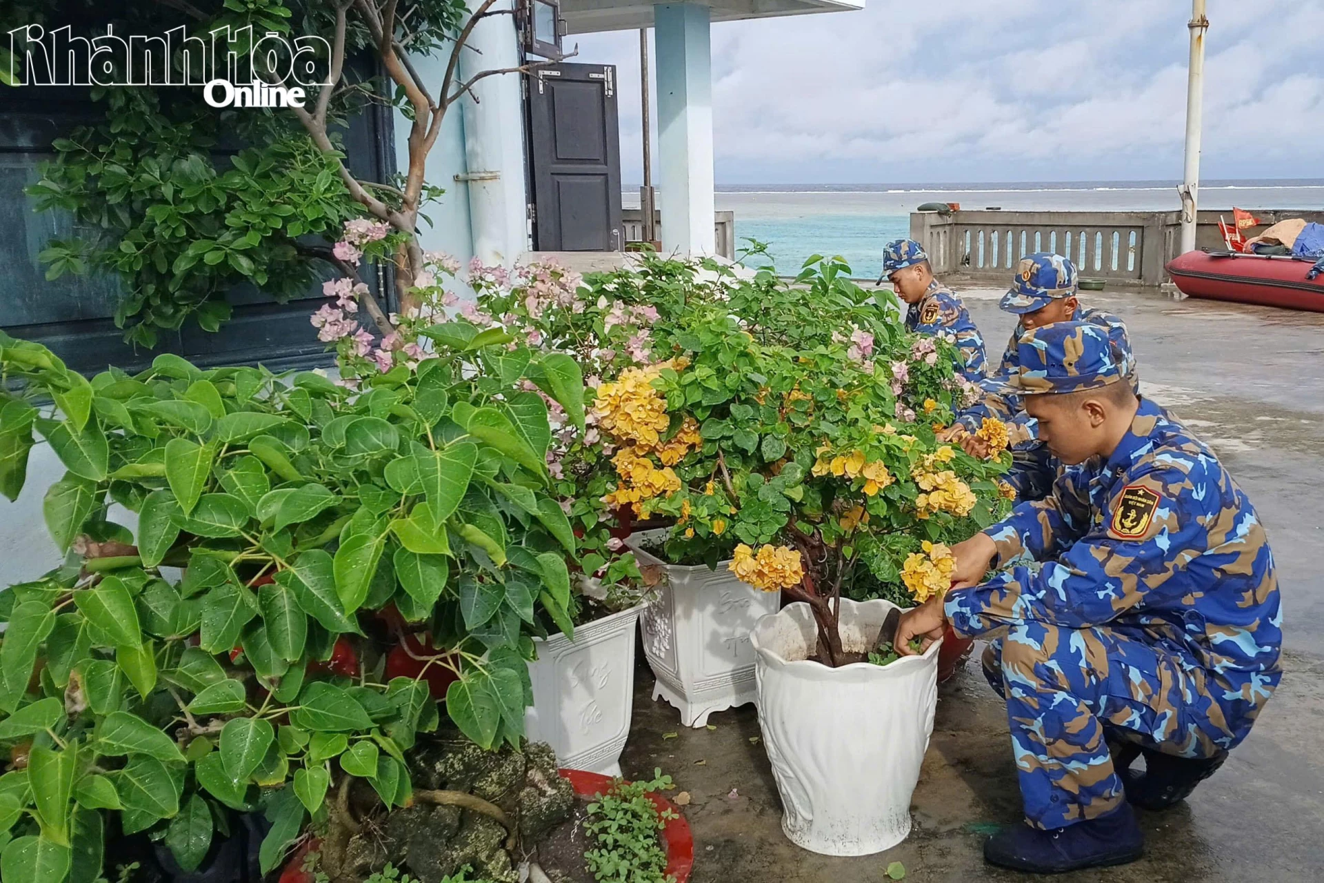 Chiến sĩ đảo Cô Lin chăm sóc hoa cảnh.
