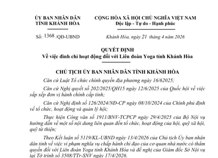 Đình chỉ hoạt động Liên đoàn Yoga tỉnh Khánh Hòa từ ngày 25-4