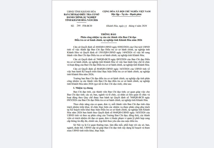 Phân công nhiệm vụ thành viên Ban Chỉ đạo Điều tra cơ sở hành chính, sự nghiệp tỉnh Khánh Hòa